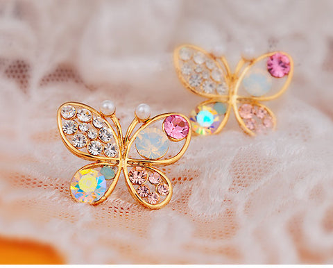 Image of Crystal Pearl Butterfly Earrings - Rosecolor