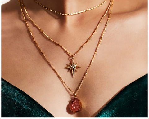 Image of Rhinestone Star 3 Layer Necklace - Rosecolor
