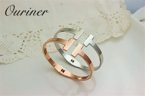 Image of Stainless Steel Gold-Color Letter Bracelet Cuff Bangle - Rosecolor
