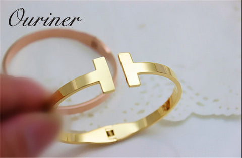 Image of Stainless Steel Gold-Color Letter Bracelet Cuff Bangle - Rosecolor