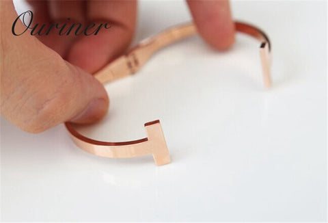 Image of Stainless Steel Gold-Color Letter Bracelet Cuff Bangle - Rosecolor