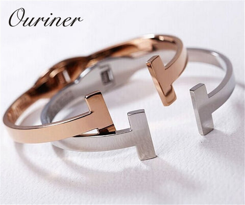 Image of Stainless Steel Gold-Color Letter Bracelet Cuff Bangle - Rosecolor