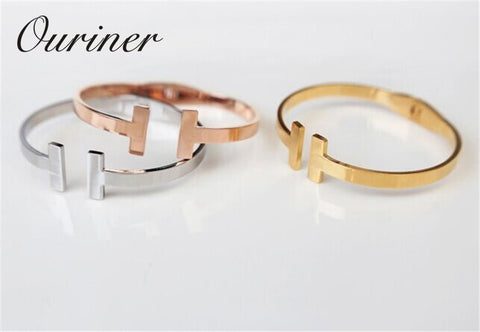 Image of Stainless Steel Gold-Color Letter Bracelet Cuff Bangle - Rosecolor
