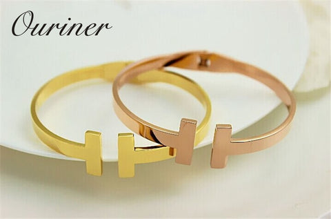 Image of Stainless Steel Gold-Color Letter Bracelet Cuff Bangle - Rosecolor
