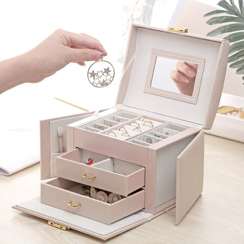 Image of Elegant Multi-Function Leather Jewelry Box - Rosecolor