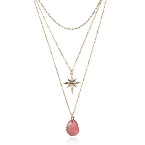 Image of Rhinestone Star 3 Layer Necklace - Rosecolor