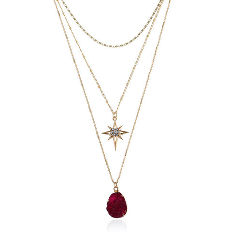 Image of Rhinestone Star 3 Layer Necklace - Rosecolor