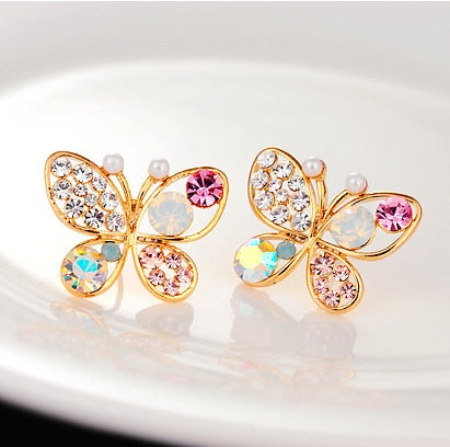 Image of Crystal Pearl Butterfly Earrings - Rosecolor