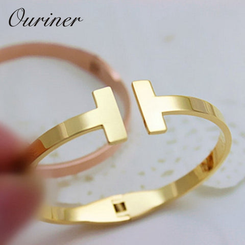 Image of Stainless Steel Gold-Color Letter Bracelet Cuff Bangle - Rosecolor
