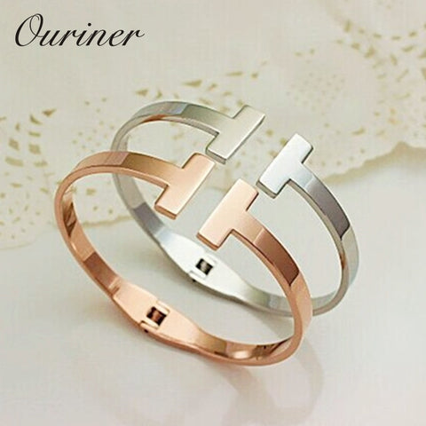 Image of Stainless Steel Gold-Color Letter Bracelet Cuff Bangle - Rosecolor