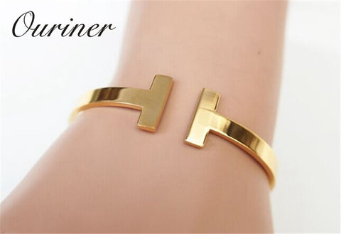 Image of Stainless Steel Gold-Color Letter Bracelet Cuff Bangle - Rosecolor