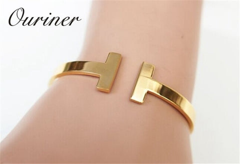 Image of Stainless Steel Gold-Color Letter Bracelet Cuff Bangle - Rosecolor