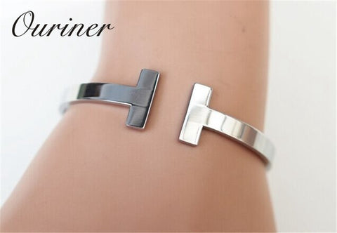 Image of Stainless Steel Gold-Color Letter Bracelet Cuff Bangle - Rosecolor