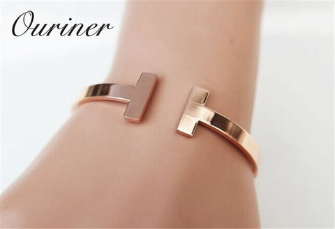 Image of Stainless Steel Gold-Color Letter Bracelet Cuff Bangle - Rosecolor