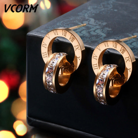 Image of Roman Numerals Rose Gold Stud Earrings - Rosecolor