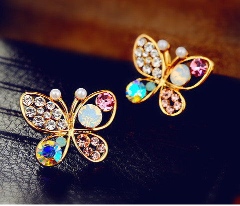 Image of Crystal Pearl Butterfly Earrings - Rosecolor