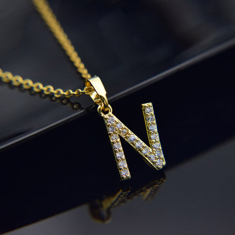 Image of Cubic Zircon Alphabet Pendant Gold Silver Necklace - Rosecolor