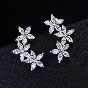 Three Flower Silver crystal Stud Earrings - Rosecolor