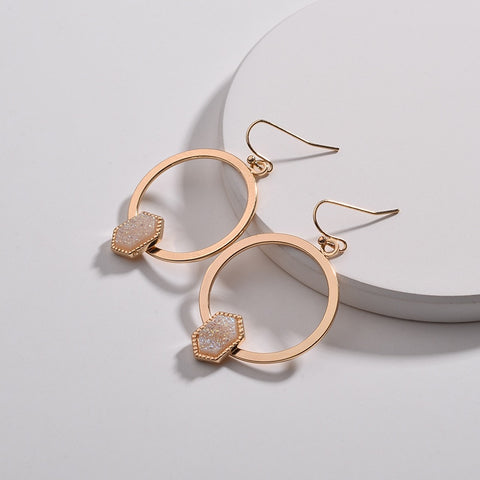 Image of Oval Hexagon Quartz Dangle Drops Earrings - Rosecolor