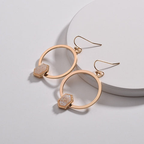 Image of Oval Hexagon Quartz Dangle Drops Earrings - Rosecolor
