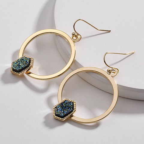 Image of Oval Hexagon Quartz Dangle Drops Earrings - Rosecolor