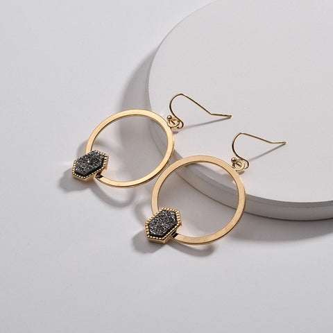 Image of Oval Hexagon Quartz Dangle Drops Earrings - Rosecolor