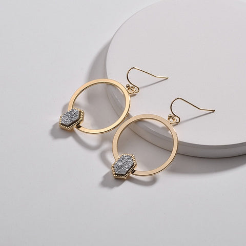 Image of Oval Hexagon Quartz Dangle Drops Earrings - Rosecolor